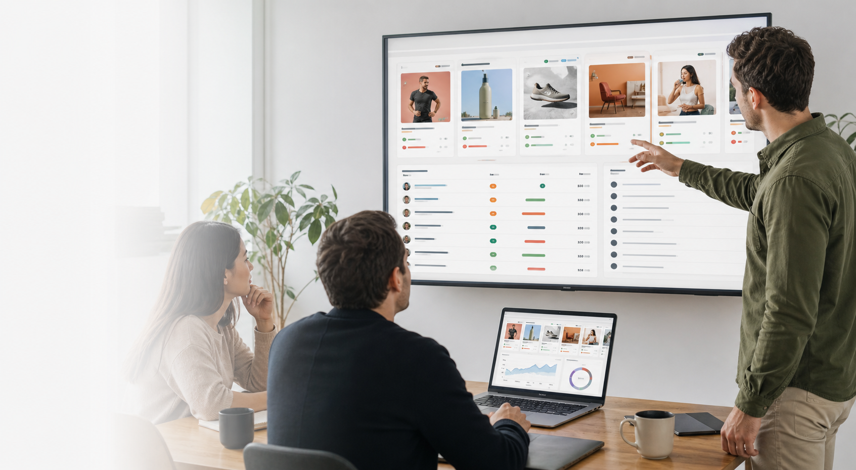 Marketing team reviewing competitor ad research and video script ideas on a dashboard